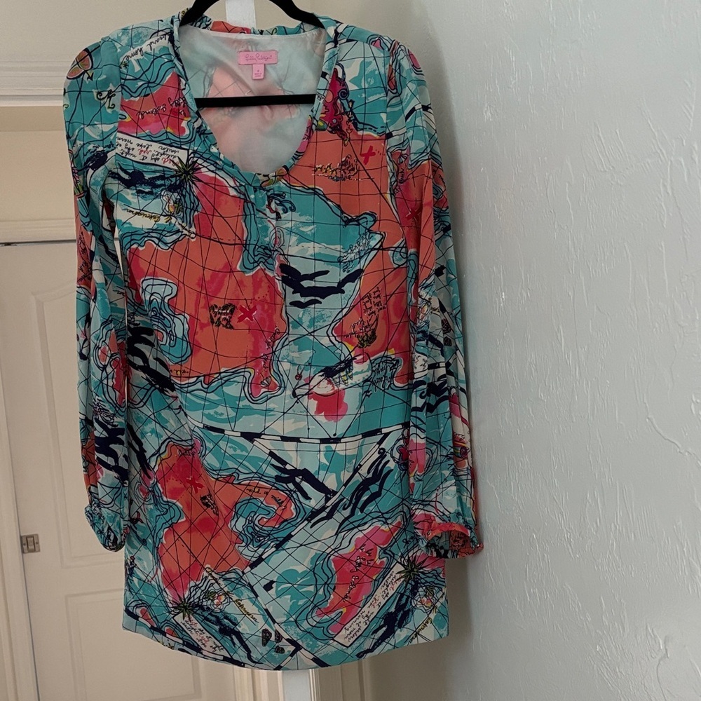 Lilly Pulitzer Map-Print V-Neck Tunic in Turquoise & Coral
